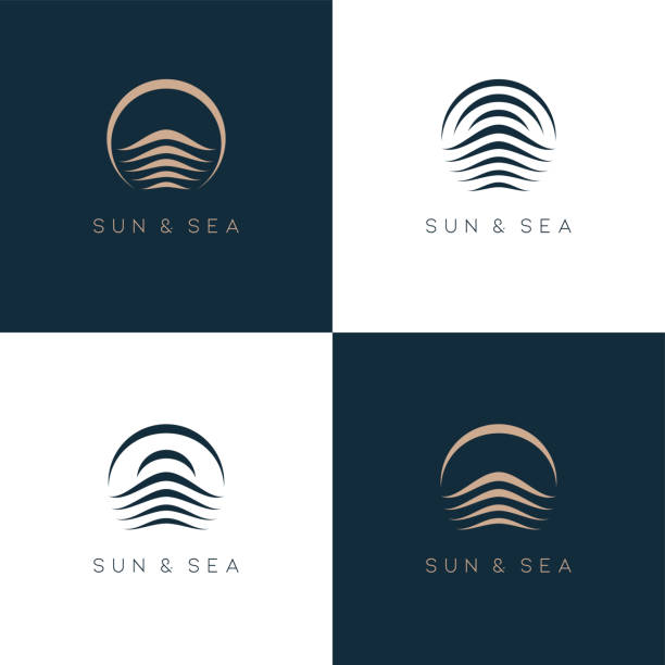 ilustraciones, imágenes clip art, dibujos animados e iconos de stock de plantilla de diseño abstracto vectorial. conjunto de iconos de sol y mar. - lugar turístico