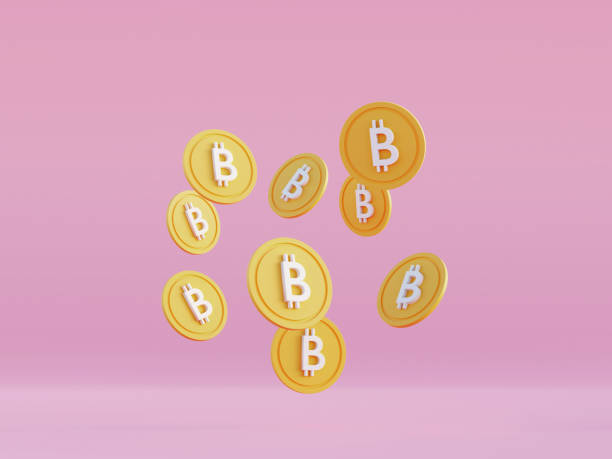 Bitcoin levitating coins. Cryptocurrency finance transactions made using blockchain technology. Mining btc 3d render in cartoon style stock photo