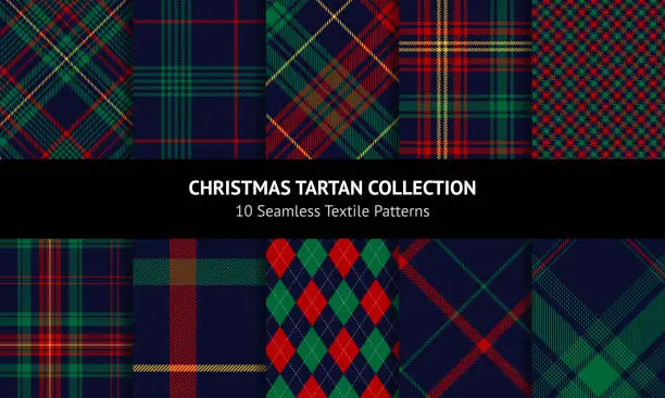 Vector illustration of Check plaid pattern set for Christmas in red, green, yellow, navy blue. Seamless dark multicolored tartan vector plaids for flannel shirt, blanket, other modern winter holiday fashion fabric design.