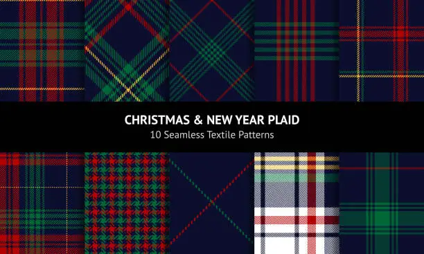 Vector illustration of Plaid pattern set for Christmas in red, green, yellow, navy blue. Seamless dark multicolored tartan check plaids for flannel shirt, blanket, other modern winter holiday fashion textile print.
