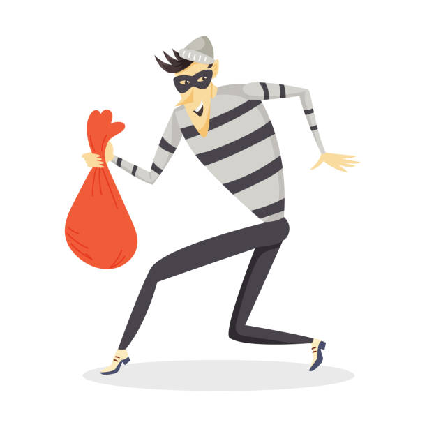 A sneaking thief with a bag of stolen goods A sneaking thief with a bag of stolen goods. A criminal in striped clothing and a mask. Cartoon vector character bank financial building clipart stock illustrations