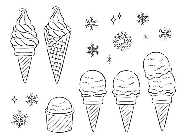 Line drawing illustration of ice cream and soft serve ice cream Hand drawn style illustration of ice cream and soft serve ice cream symbol snowflake icon set shiny stock illustrations