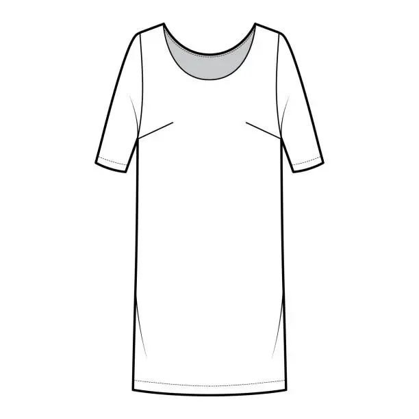 Vector illustration of Dress shift chemise technical fashion illustration with medium sleeves, oversized body, knee length pencil skirt. Flat