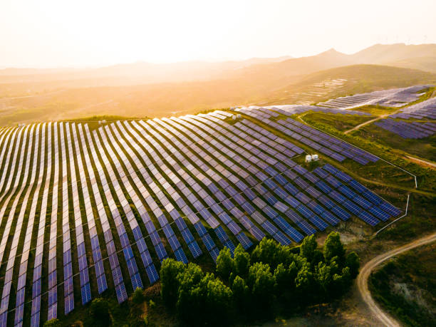 istock Aerial view of solar panels in mountain 1317907700