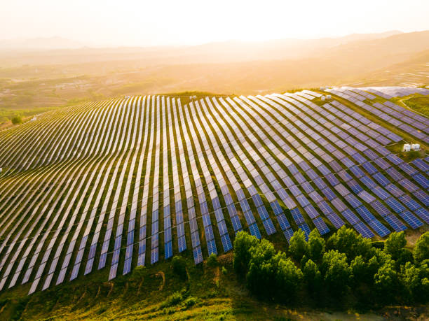 istock Aerial view of solar panels in mountain 1317907708