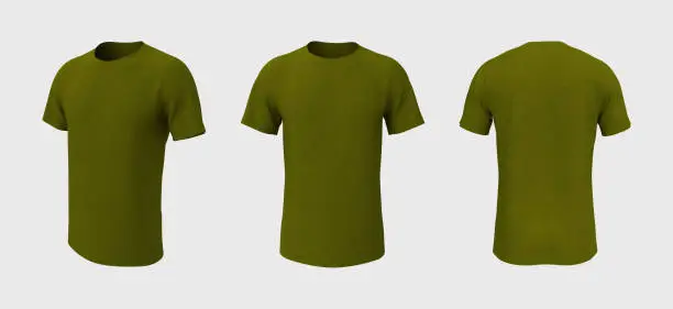 men's short-sleeve raglan t-shirt mockup in front, side and back views, design presentation for print, 3d illustration, 3d rendering