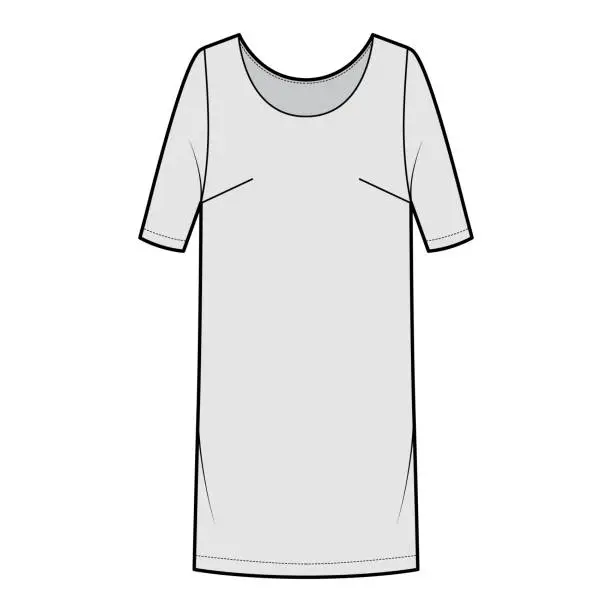 Vector illustration of Dress shift chemise technical fashion illustration with medium sleeves, oversized body, knee length pencil skirt. Flat