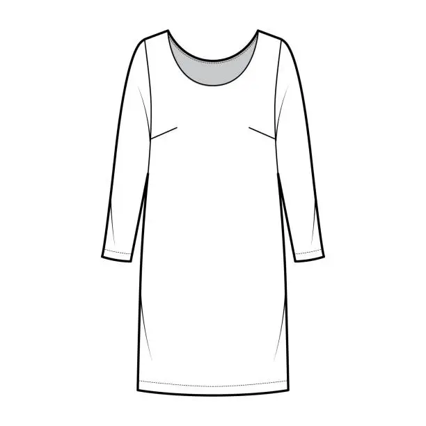 Vector illustration of Dress shift chemise technical fashion illustration with long sleeves, oversized body, knee length pencil skirt apparel