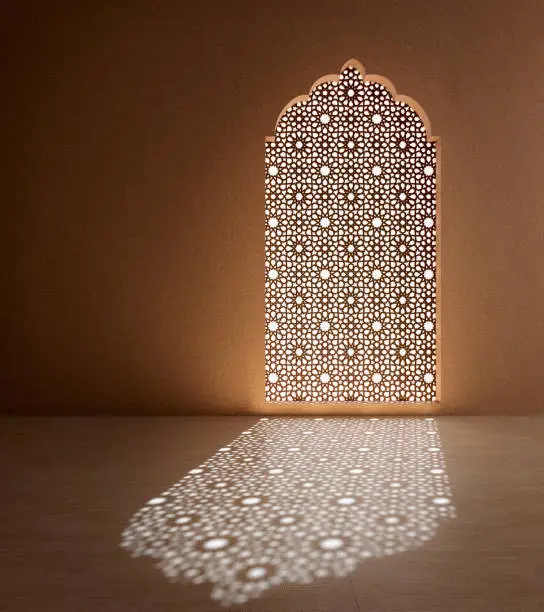 Arabic,Islamic style interior.Empty room with arch window and shadow on the floor.3d rendering