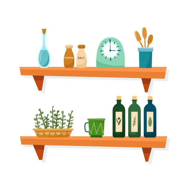 Vector illustration of Kitchen shelves with art equipment and tools.