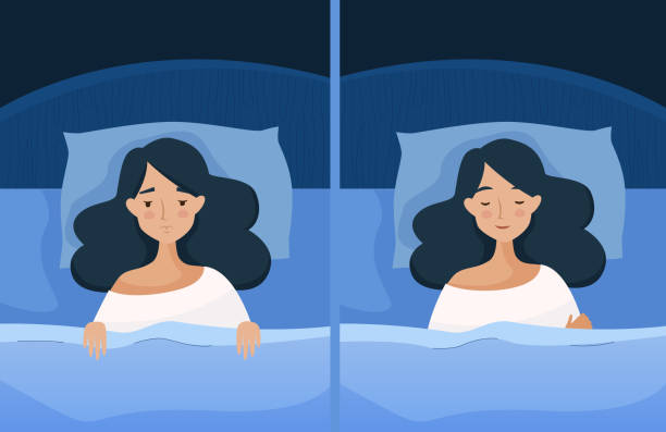 Sleep and sleepless girl Sleep and sleepless girl with insomnia. Woman in bed with open eyes in darkness night room. Flat cartoon style vector illustration. insomnia illustrations stock illustrations