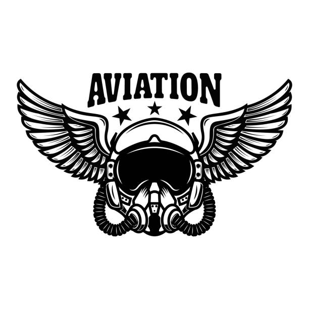 Illustration of airplane pilot helmet with wings. Design element for label, sign, emblem. Vector illustration Illustration of airplane pilot helmet with wings. Design element for label, sign, emblem. Vector illustration air force stock illustrations