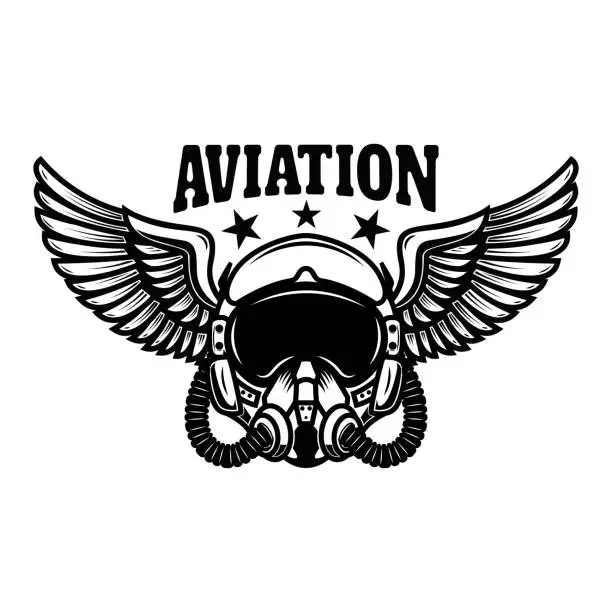 Vector illustration of Illustration of airplane pilot helmet with wings. Design element for label, sign, emblem. Vector illustration
