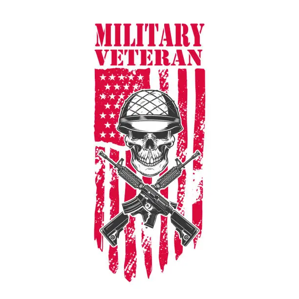 Vector illustration of Military veteran. Skull in army helmet with crossed assault rifles on american flag background. Design element for label, sign, emblem. Vector illustration