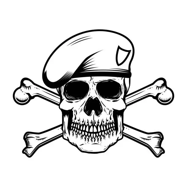Vector illustration of Illustration of soldier skull in paratrooper beret with crossed bones. Design element for label, sign, emblem. Vector illustration