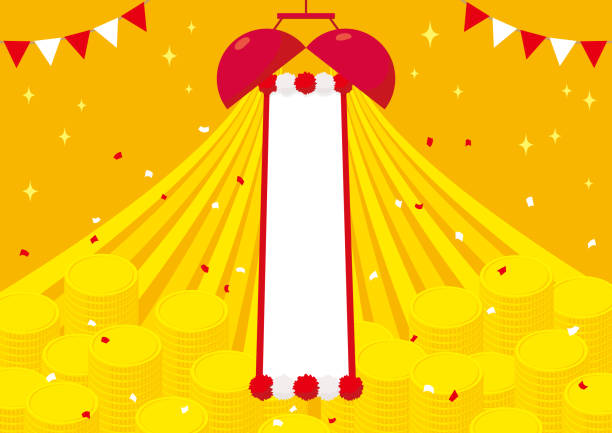 ilustrações de stock, clip art, desenhos animados e ícones de a kusudama with yellow ribbons and a congratulatory banner. stacked coins. - kusudama