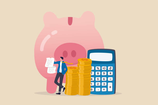 Budget, expense and cost calculation, investment advisor or financial planning concept, smart businessman holding bills and budget plan with savings piggybank and calculator. Budget, expense and cost calculation, investment advisor or financial planning concept, smart businessman holding bills and budget plan with savings piggybank and calculator. piggy bank calculator stock illustrations
