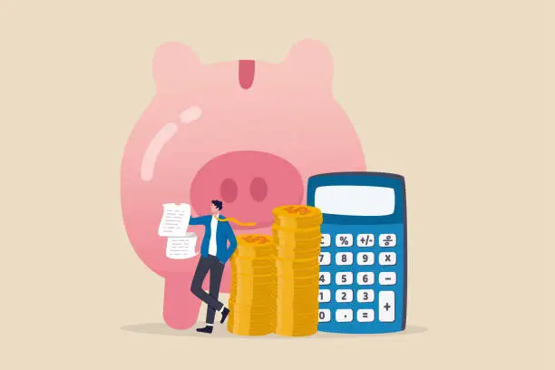 Vector illustration of Budget, expense and cost calculation, investment advisor or financial planning concept, smart businessman holding bills and budget plan with savings piggybank and calculator.