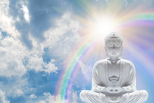 Buddha Enlightenment Rainbow Sky Message Background