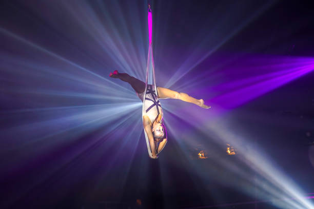 istock Flexible woman gymnast upside down on straps doing handstand. 1317927796