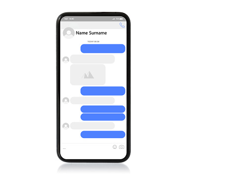 Mockup of messaging app with empty chat bubbles on the phone for text and image placement, isolated on white