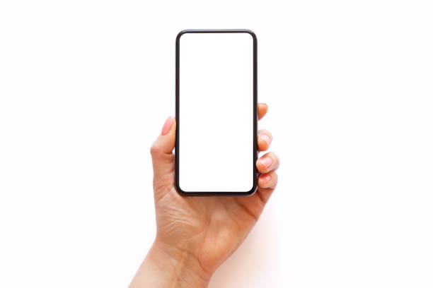 istock Person holding phone with empty white screen, isolated on white background 1317927903