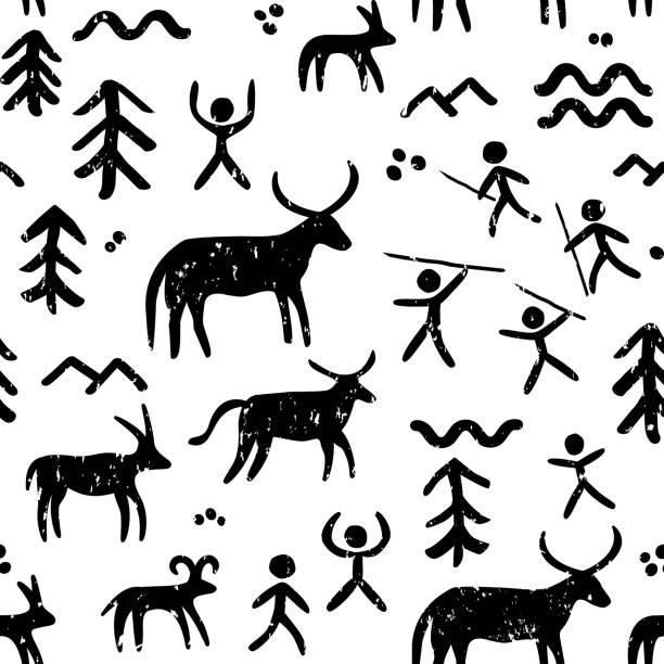 Cave paintings vector seamless pattern, black and white repetitive background inspired by prehistoric art with cavemen hunting animals Old rock drawings with people and deer, monochrome primitive paleo art paleo stock illustrations