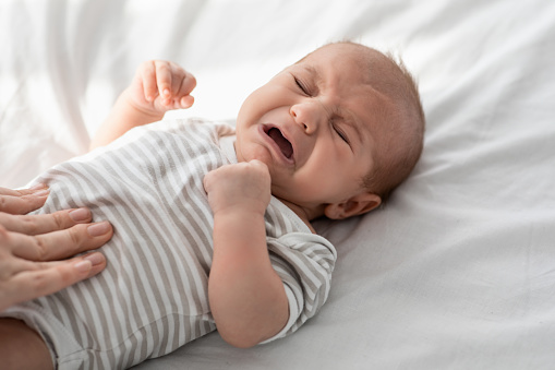 Closeup Portrait Of Crying Little Newborn Baby In Bodysuit Lying On Bed At Home, Upset Infant Child Suffering Colics Or Gas Problems, Loving Mother Making Tummy Massage To Small Kid With Two Hands