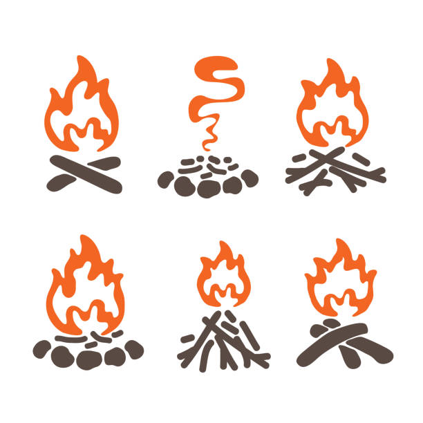 illustrations, cliparts, dessins animés et icônes de ensemble de symboles de feu de camp - feu de joie