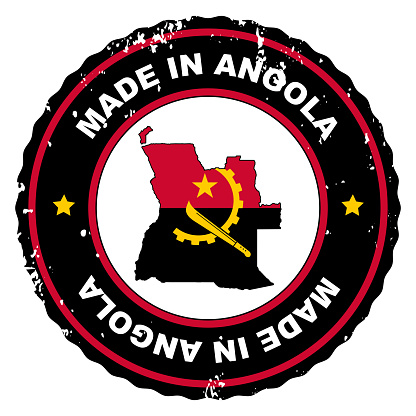 Retro style stamp Made in Angola include the map and flag of Angola.