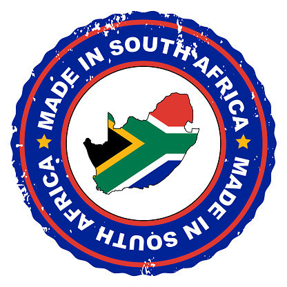 Retro style stamp Made in South Africa include the map and flag of South Africa.