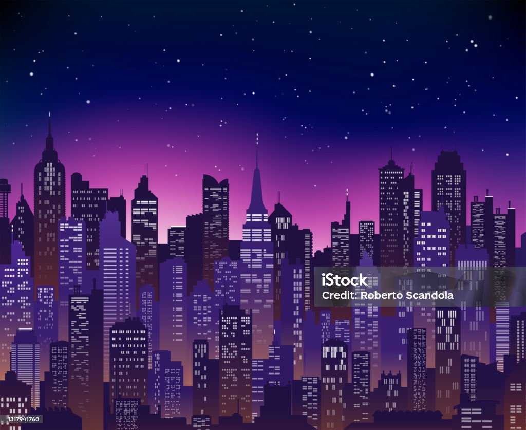 City Night View In Blue And Pink Colors Stock Illustration - Download ...