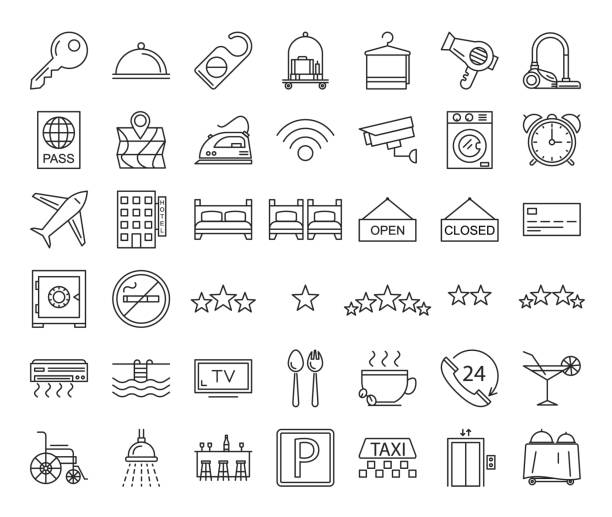 Collection of vector line icons for hotel services Collection of vector line icons for hotel services isolated. Simple symbols set. Bed, taxi, key and luggage pictograms. Travel signs. car hanger stock illustrations
