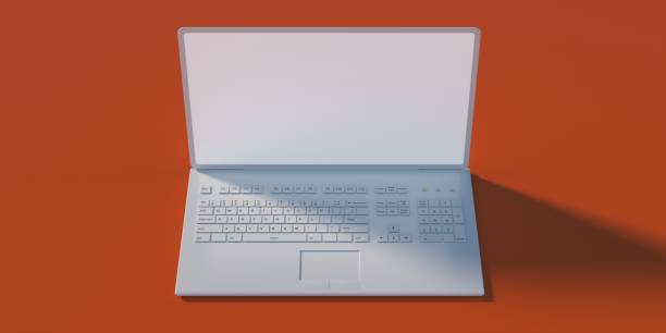 istock Laptop open blank screen white keyboard on orange color background. 3d illustration 1317942354