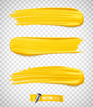 Vector realistic illustration of yellow paint brush strokes on a transparent background.