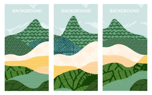 Vector illustration of Set of abstract landscape vector background illustration. Countryside with colorful texture. Bundle of decorative eco cards. Nature, ecology, organic, environment banners, postcard, poster design