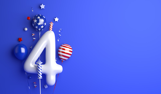 Fourth of July independence day USA with balloon firework confetti ribbon copy space text, 3D rendering illustration