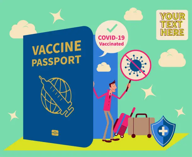 Vector illustration of One businessman (tourist) with luggage is showing the Covid-19 Vaccine Passport and boarding