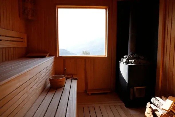 Interior of finnish sauna with a window. Close up, copy space for text, background.