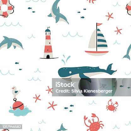 istock Cute hand drawn marine seamless pattern, lovely creatures, lighthouse, ship and decoration, background, great for children's textiles, banners, wallpapers, wrapping, swimsuits - vector design 1317946582