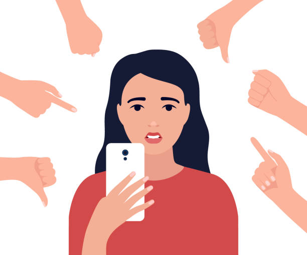 ilustraciones, imágenes clip art, dibujos animados e iconos de stock de asustada joven triste sentada en las redes sociales en línea en el teléfono inteligente, y ver intimidación, aversión, burla. problema, acoso, acoso cibernético, víctima y troll. ilustración vectorial - mockery