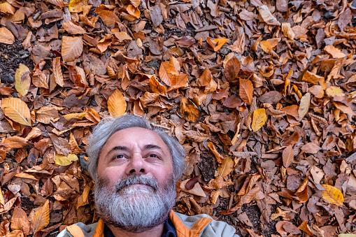 Tired Senior man resting in the leafs at autumn at Yedigoller National Park