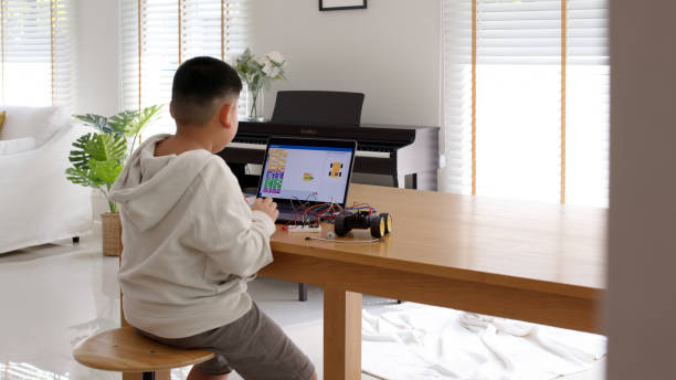 istock Young asia student remotely learn online at home in coding robot car and electronic board cable in STEM, STEAM, mathematics engineering science technology computer code in robotics for kids concept. 1317950132