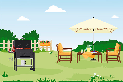 Patio area flat vector illustration. House backyard with green grass lawn, trees and bushes. Cartoon table and chairs garden modern furniture. Outdoor furnished yard for BBQ summer parties.