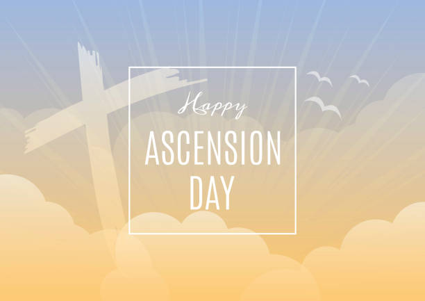 Happy Ascension Day vector Religious heavenly background with crucifix. Sunny blue sky background vector. Jesus Christ's ascension into heaven vector. Christian holiday. Important day praise and worship stock illustrations
