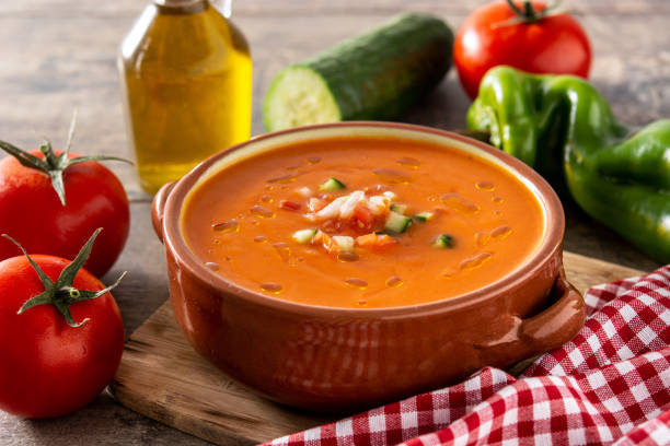 Gazpacho soup in crock pot and ingredient stock photo
