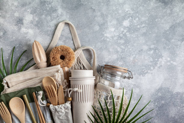 istock Set of eco friendly  kitchen accessories in a string bag. 1317955368