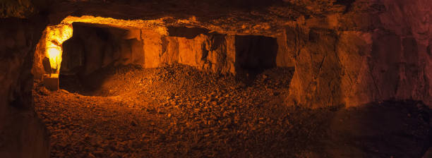 Panorama of underground mine shaft Interior panorama of underground mine shaft. Dark corridors inside abandoned stone quarry abandoned place photos stock pictures, royalty-free photos & images