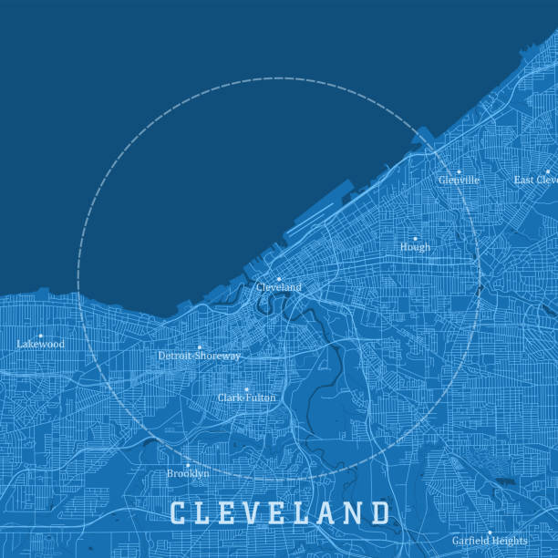 cleveland oh city vektor road map blauer text - ohio map county cartography stock-grafiken, -clipart, -cartoons und -symbole