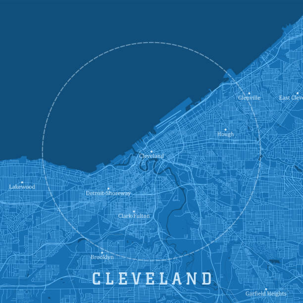 ilustraciones, imágenes clip art, dibujos animados e iconos de stock de cleveland oh city vector road map texto azul - map ohio cartography usa